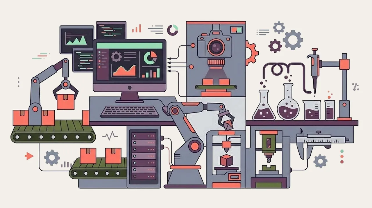 Illustration of Otobot's modular automation stack: data dashboards, a robotic picking arm, a packaging conveyor, and a lab analysis line connected end to end.